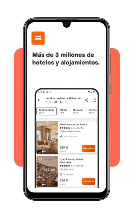 Pantalla de filtros y opciones de búsqueda en KAYAK